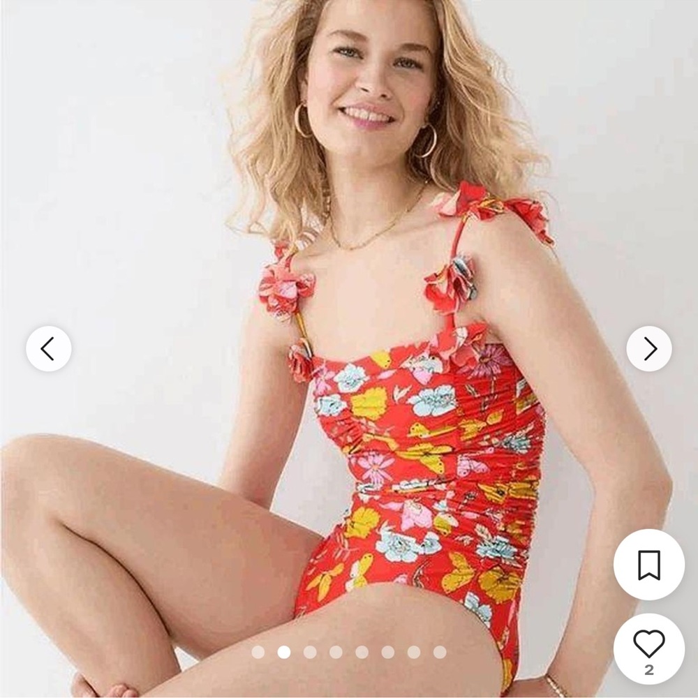 J. Crew Red Floral One-Piece Swimsuit with Ruffle Straps - Picture 3 of 5